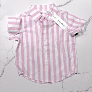 Janie and Jack Baby Boys Pink White Button Down Short Sleeve Dress Shirt 12-18M